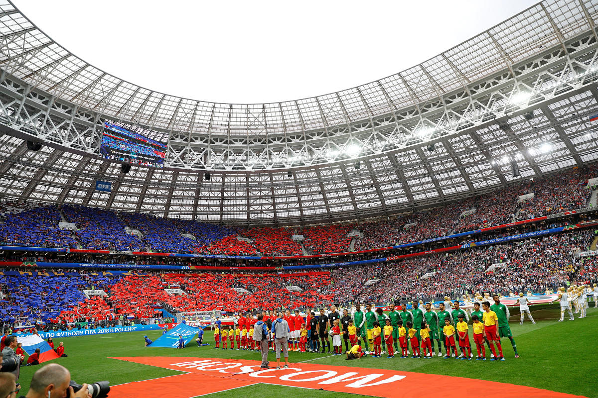 World Cup - Group A - Russia vs Saudi Arabia: General view as Russia and Saudi Arabia players line up before the match in Luzhniki Stadium, Moscow, Russia.