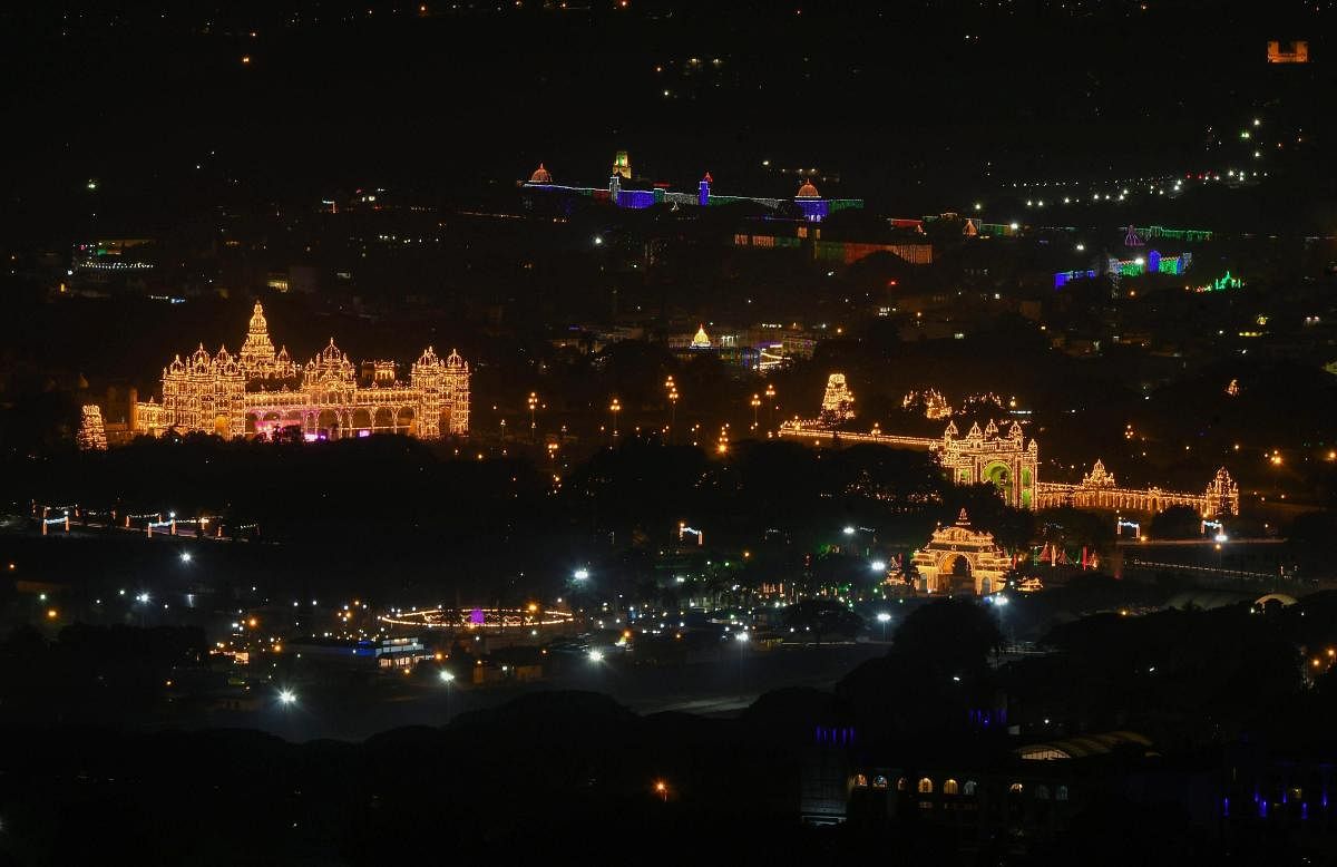 A view of the illuminated Mysore Palace during Dussehra celebrations, in Mysuru.(PTI photo)
