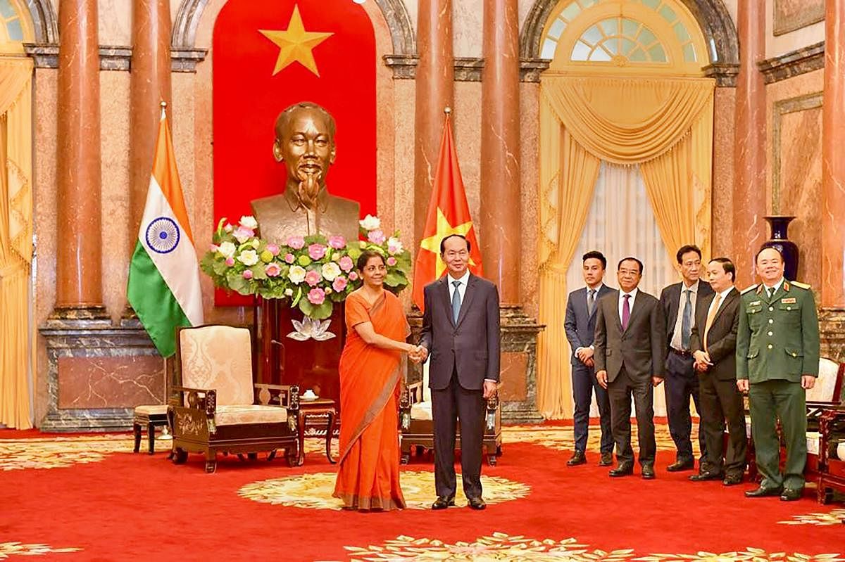 Defence Minister Nirmala Sitharaman being called on by Vietnamese President Tran Dai Quang at the Presidential Palace, in Hanoi on Wednesday. PTI Photo