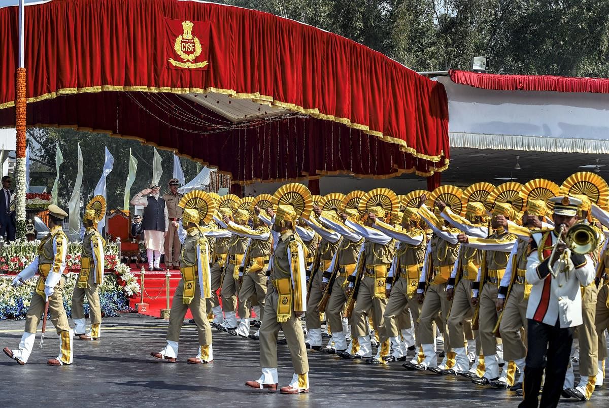 Ghaziabad: A contingent offers salute to Prime Minister Narendra Modi as he reviews the CISF's 50th Raising Day parade, in Ghaziabad, Sunday, March 10, 2019. (PTI Photo/Kamal Singh)