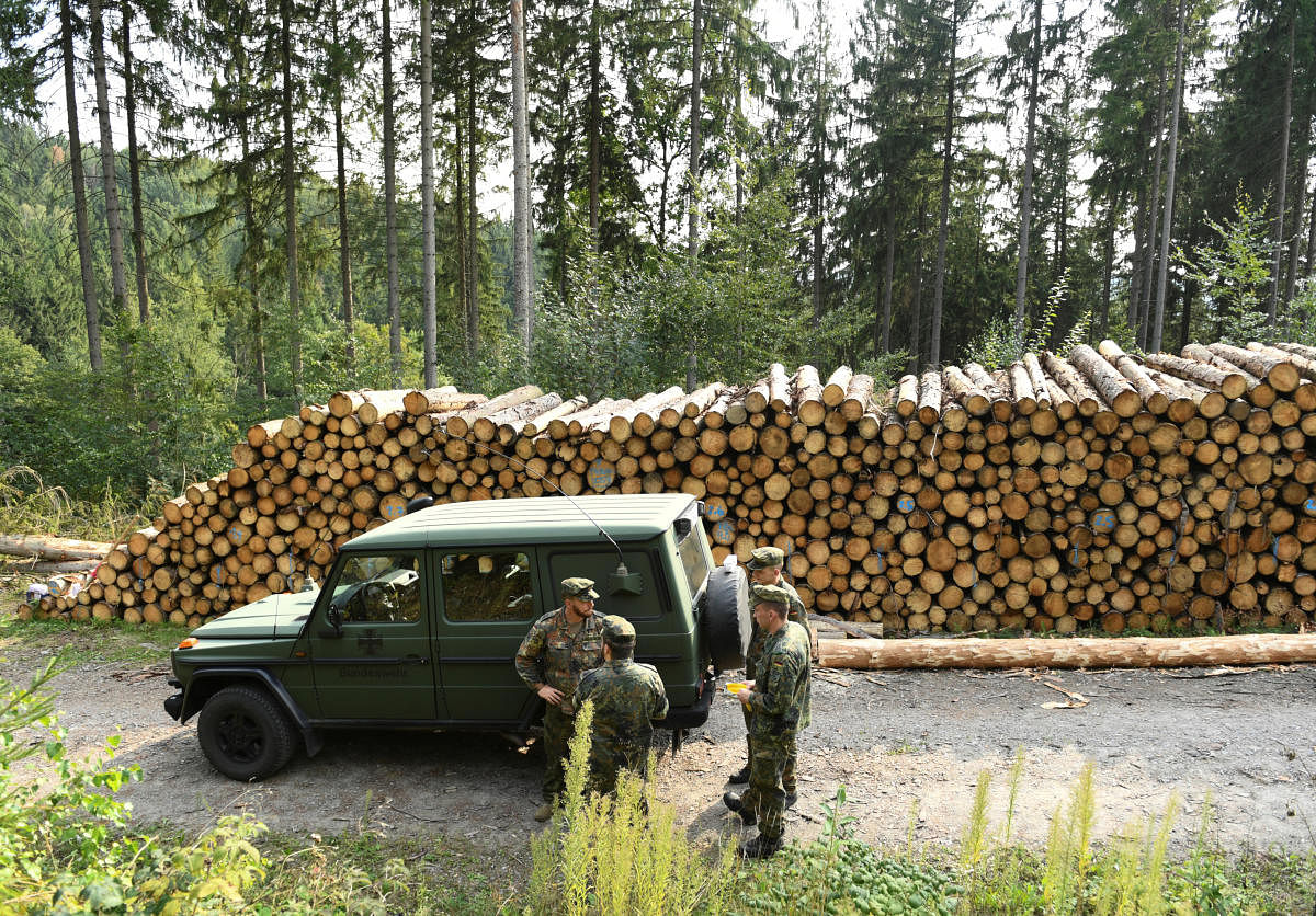 Soldiers stands with a military car in front of stacked trees during works to fight bark beetles near Augustusburg in Saxony, Germany, August 27, 2019. REUTERS/Annegret Hilse
