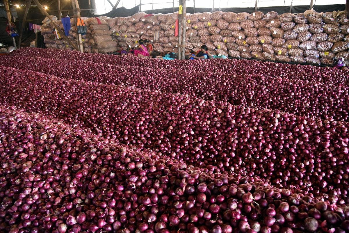 Heaps of onions at UP State Warehouse in Navi Mumbai, Monday, Sept 23, 2019. Onion prices are spiralling across the country, reportedly, due to shortage of supply. (PTI Photo)