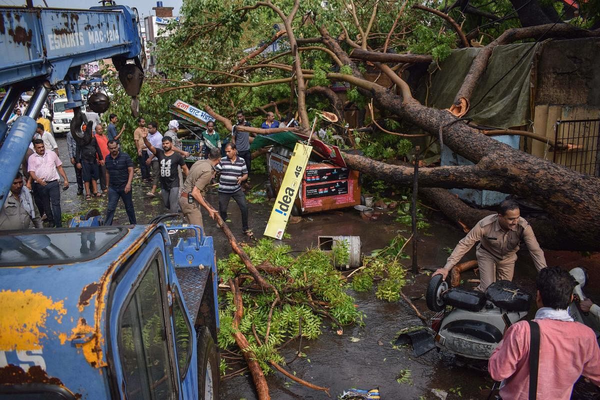 Workers cut the branches of an uprooted tree that fell on a shop to clear the pathway after a heavy storm, in Jabalpur on Friday, June 07, 2018.  PTI Photo