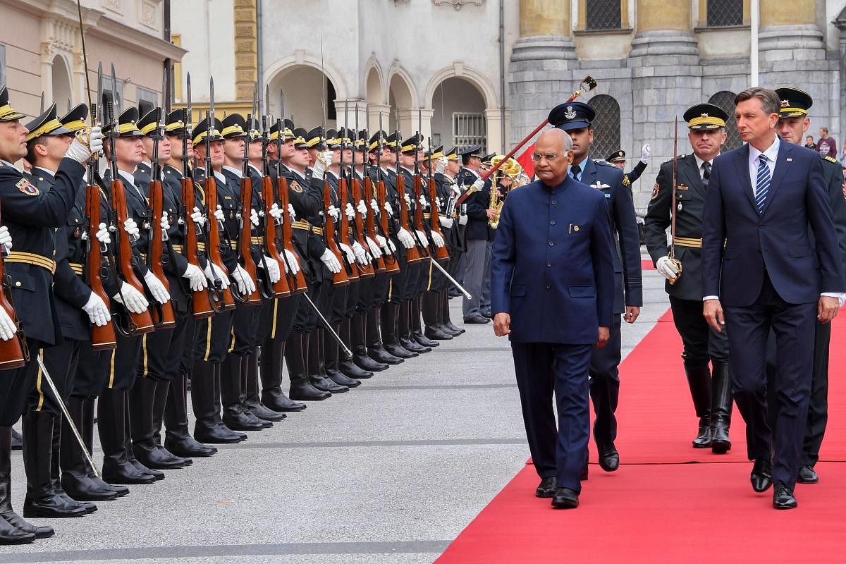 President Ram Nath Kovind inspects the guard of honour at Congress Square with his Slovenian counterpart Borut Pahor in Ljubljana, Republic of Slovenia, Monday, Sept.16, 2019. (PTI Photo)
