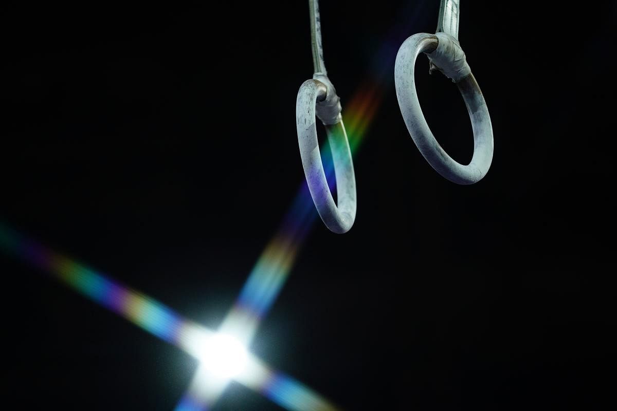 Rings are pictured during the men's qualifying session at the FIG Artistic Gymnastics World Championships. (Photo by AFP)