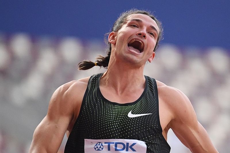 Russia's Ilya Shkurenyov reacts after competing in the Men's 110m Hurdles Decathlon heats at the 2019 IAAF Athletics World Championships at the Khalifa International stadium in Doha. AFP