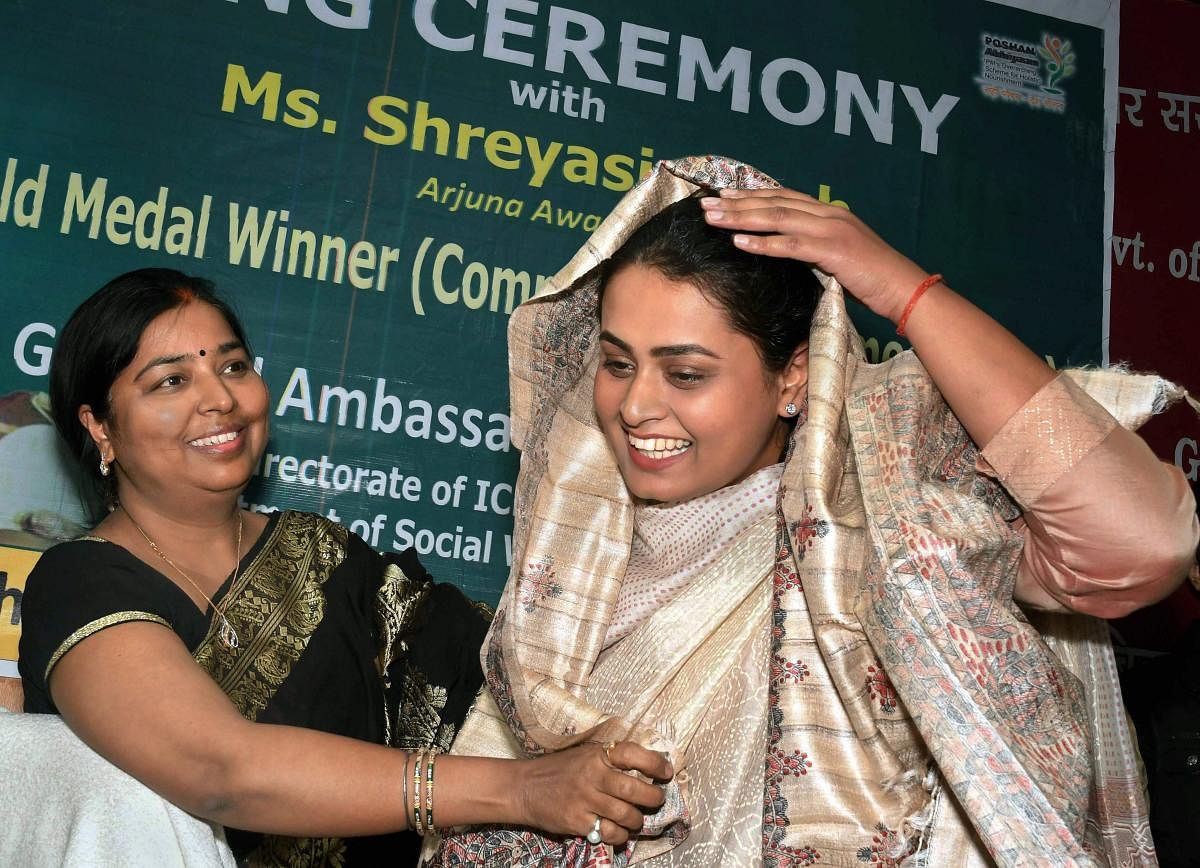 Arjuna Awardee Shreyasi Singh is felicitated after being appointed as Goodwill Ambassador for 'Poshan Abhiyaan', in Patna. PTI