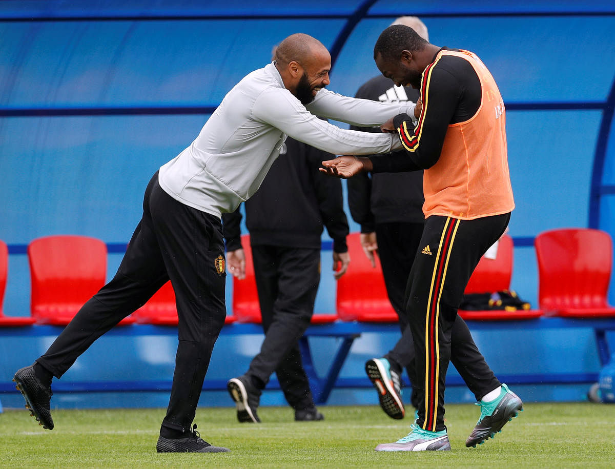 Belgium assistant coach Thierry Henry and Romelu Lukaku during training. Reuters