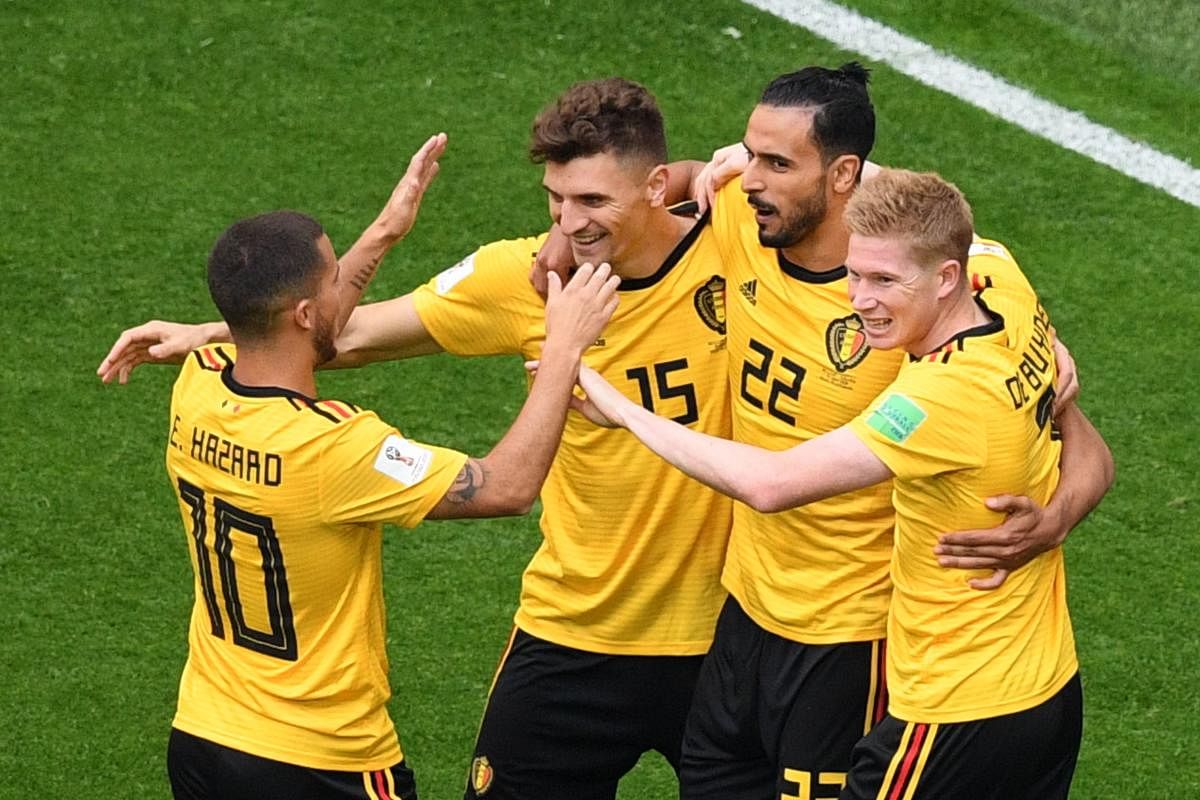Belgium's defender Thomas Meunier (2L) is congratulated by teammates after scoring during their Russia 2018 World Cup play-off for third place football match between Belgium and England at the Saint Petersburg Stadium in Saint Petersburg. AFP  Photo