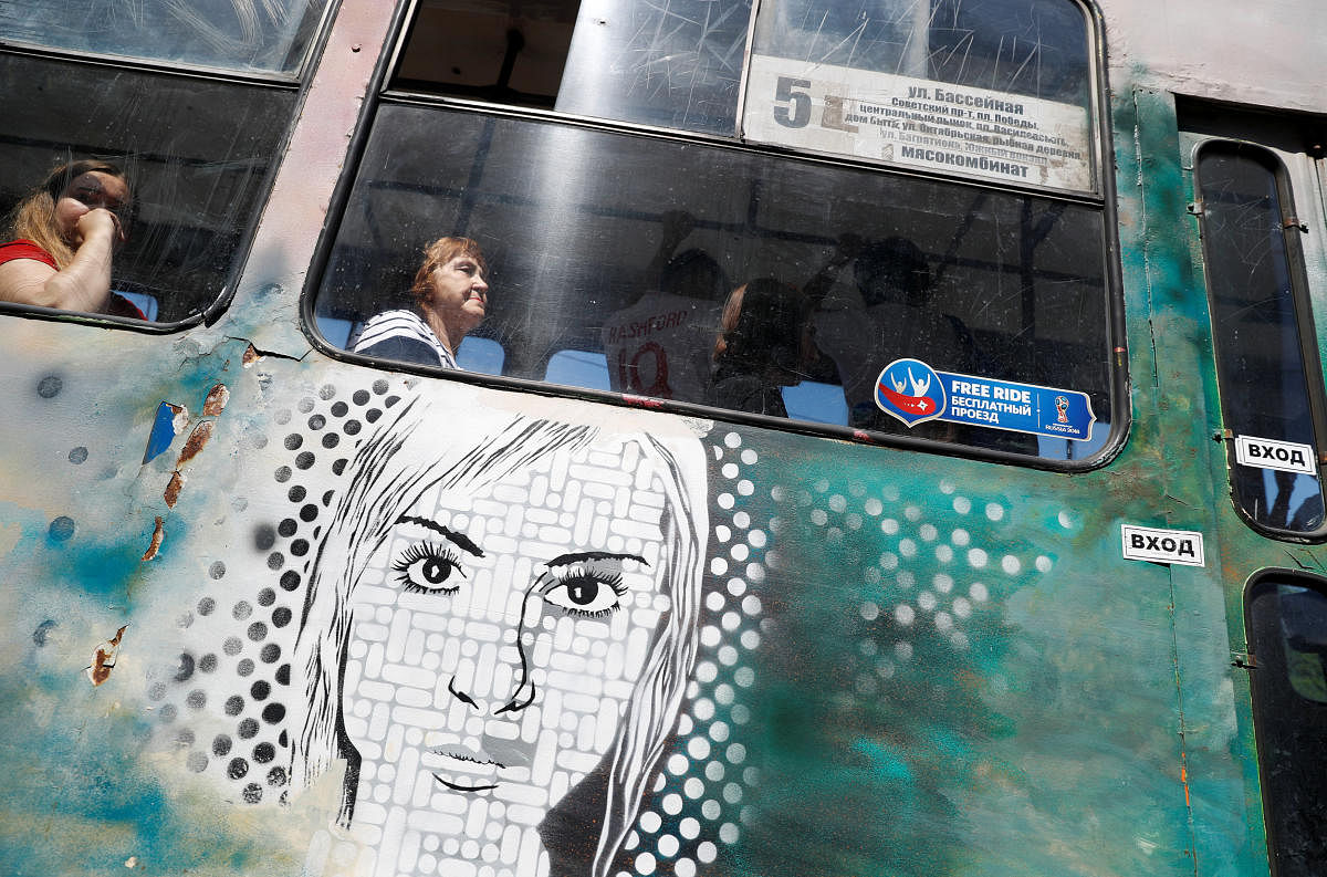 People ride a tram in the centre of Kaliningrad, Russia. (Reuters Photo)