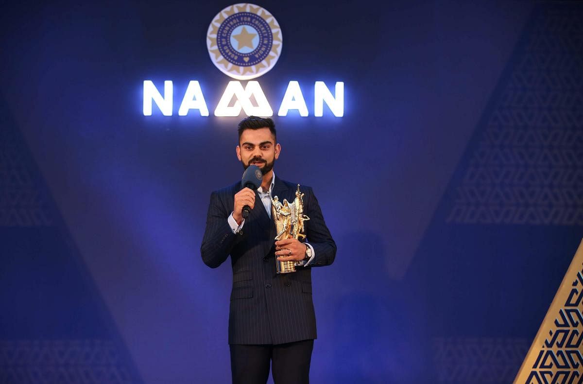Indian cricket captain Virat Kohli speaks after receiving an award during the 6th M A K Pataudi Memorial Lecture and BCCI Awards, in Bengaluru on Tuesday. PTI Photo