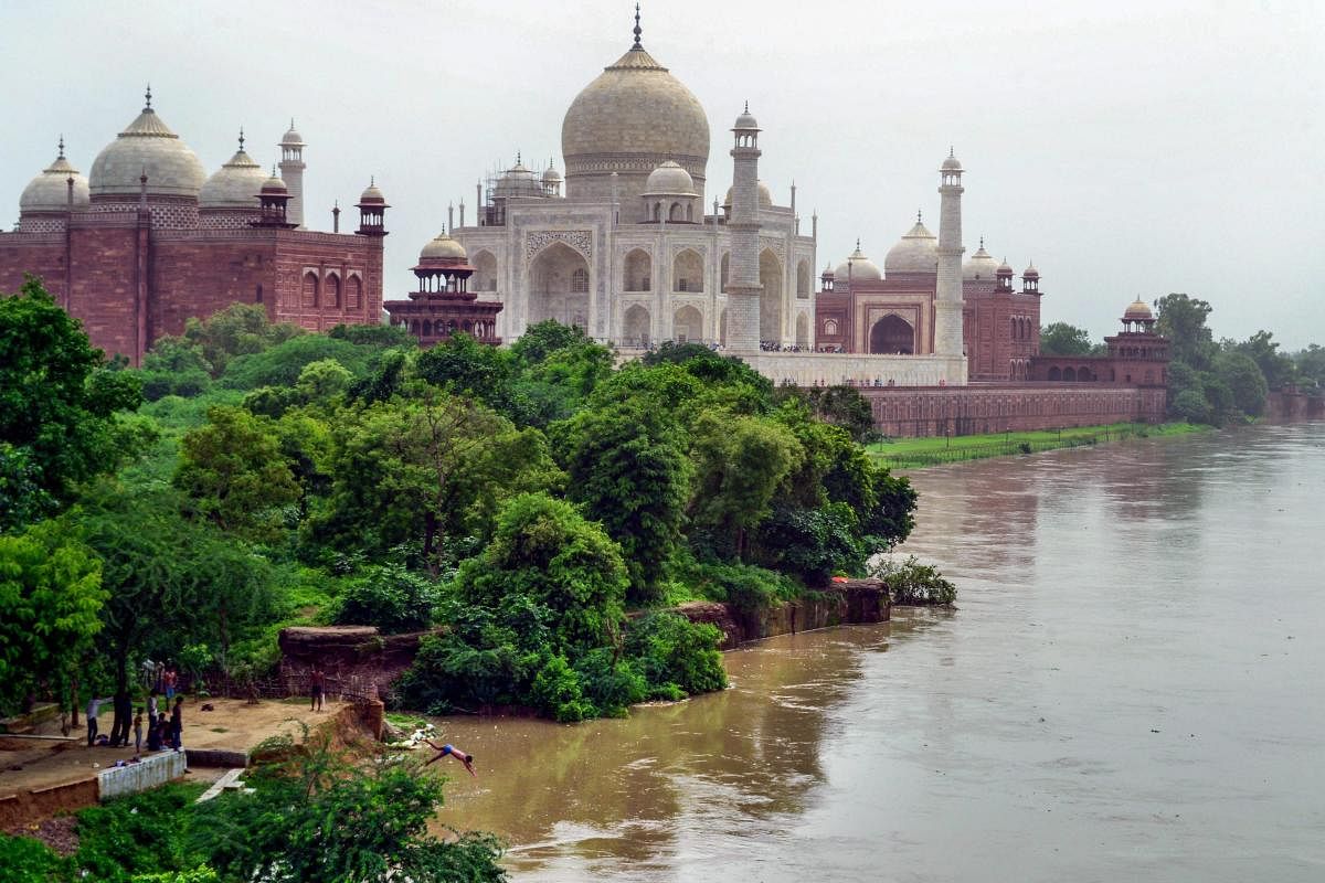 Agra: Children dive into River Yamuna flowing behind Taj Mahal, in Agra on Thursday, Aug 2, 2018. (PTI Photo)