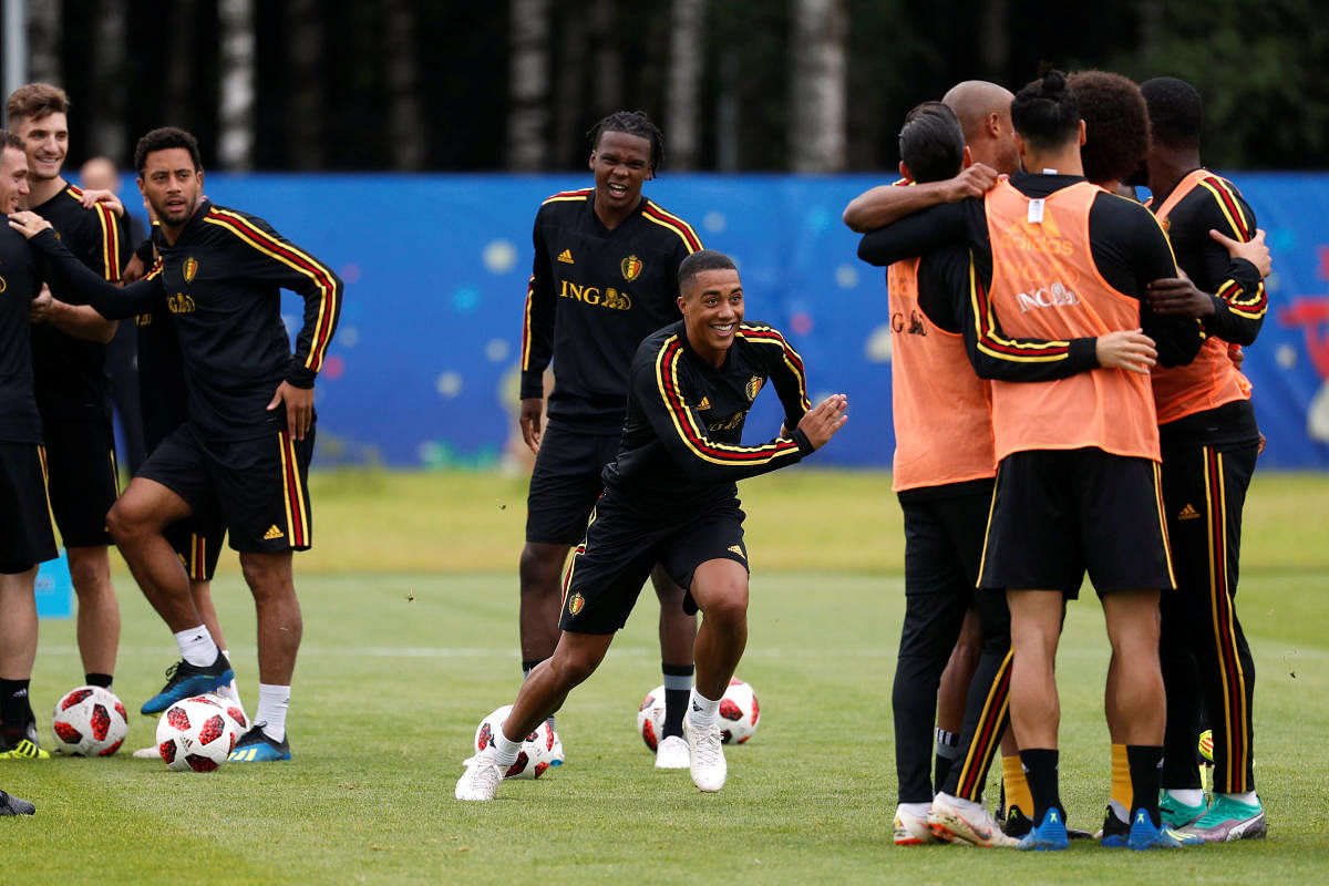 Belgium's Youri Tielemans and team mates during training. Reuters