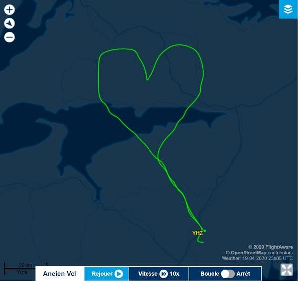 This illustration courtesy of FlightAware (flightaware.com), a plane's flight path is marked as a heart-shape over the Atlantic coast towns in mourning for Canada's latest mass shooting, unable to gather for in-person memorials or even hug each other due to coronavirus restrictions on large gatherings.