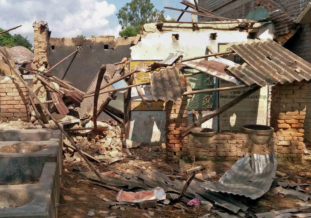 Birbhum: A view of damaged residence of TMC Panchayat Pradhan of Sahapur Haitunnesha Khatun, after explosion of crude bombs, at Renguni village in Birbhum, Thursday, Aug 29, 2019. (PTI Photo)