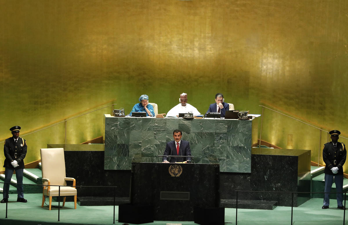 Qatar's Emir Sheikh Tamim bin Hamad al-Thani addresses the 74th session of the United Nations General Assembly at U.N. headquarters in New York City, New York, U.S., September 24, 2019. REUTERS/Lucas Jackson