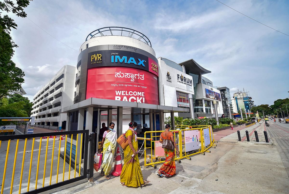 A view of a mall ahead of its reopening tomorrow, during the ongoing COVID-19 nationwide lockdown, in Bengaluru. Credit: PTI Photo