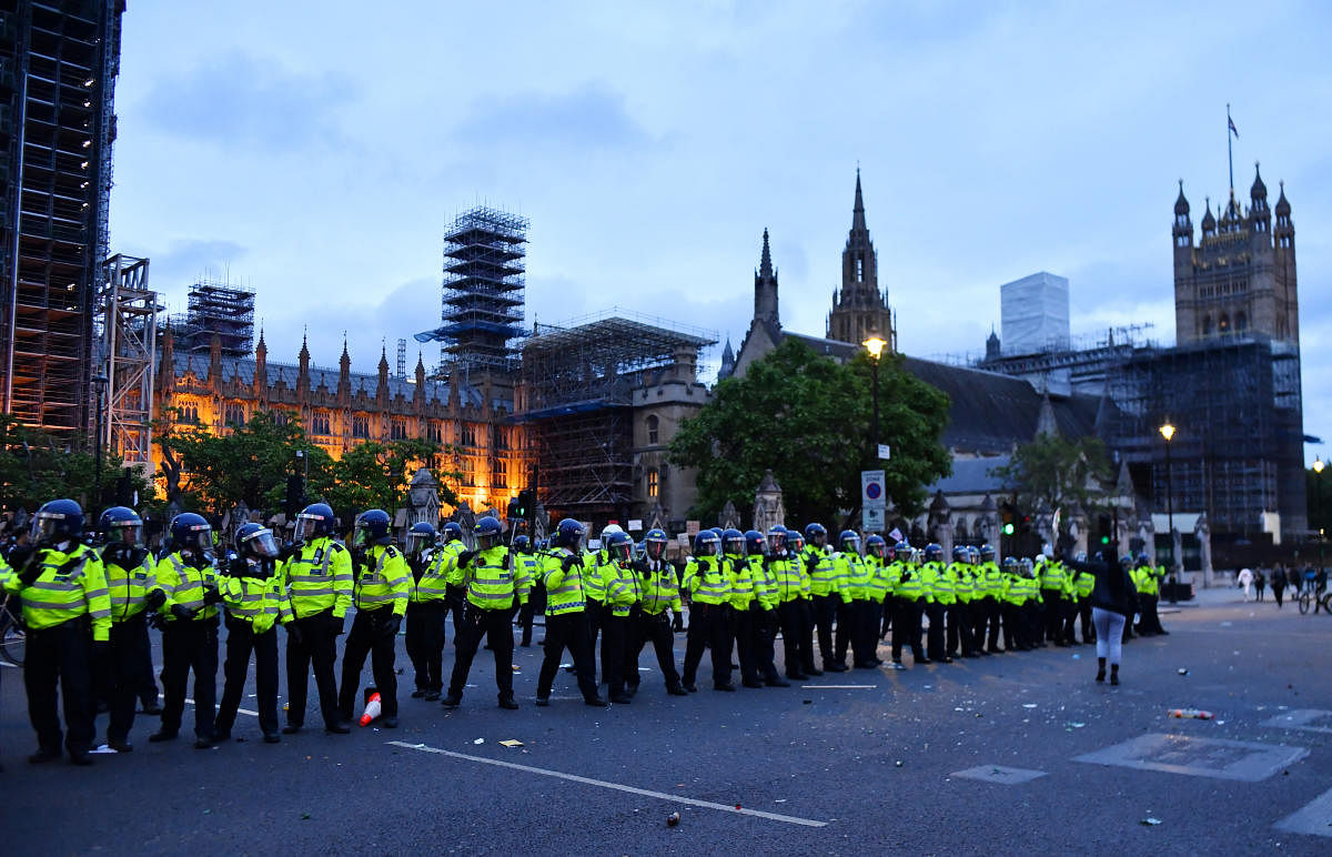 Police officers in Parliament Square during a Black Lives Matter protest in London, following the death of George Floyd who died in police custody in Minneapolis, London, Britain. Credit/Reuters Photo