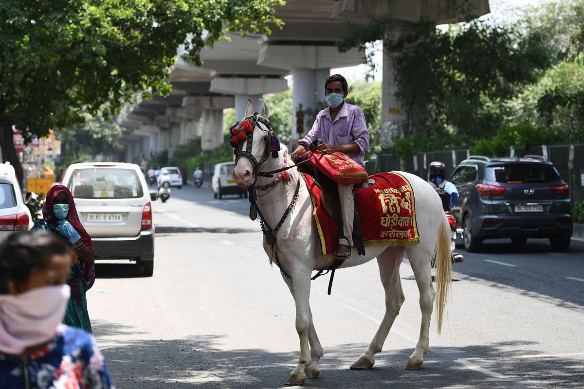 A man wearing a facemasks rides a horse along a road in New Delhi. Credits: AFP Photo