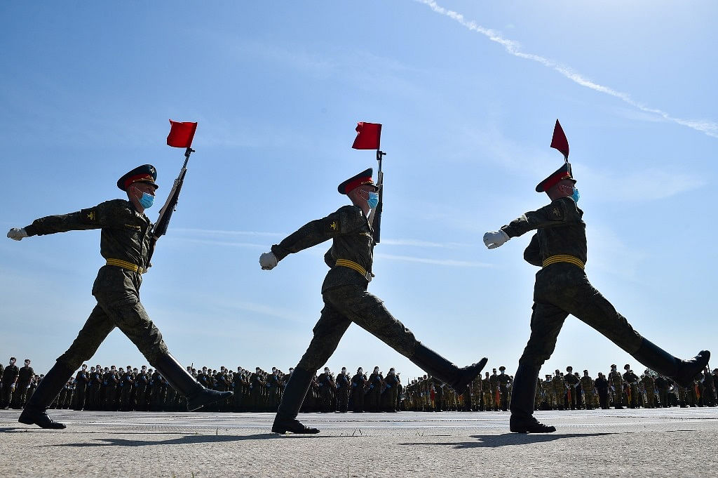 Russian army servicemen take part in a rehearsal ahead of the postponed Victory Day parade at a military base in Alabino near Moscow, Russia. Credit: Reuters Photo