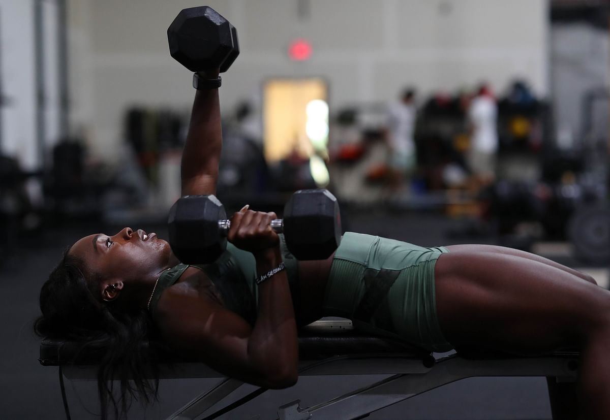 Olympic sprinter Morolake Akinosun works through an indoor training session on June 23, 2020 in Austin, Texas. Athletes across the globe are now training in isolation under strict policies in place due to the Coronavirus (COVID-19) pandemic. Credits: AFP Photo