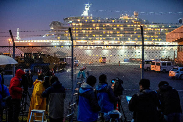 February 5: About 3,700 passengers are quarantined aboard the Diamond Princess, a Carnival Corp cruise liner, off the coast of Japan after 10 people test positive. More than 700 passengers eventually test positive and 14 die. The ship is quarantined for nearly a month. Credit: Reuters