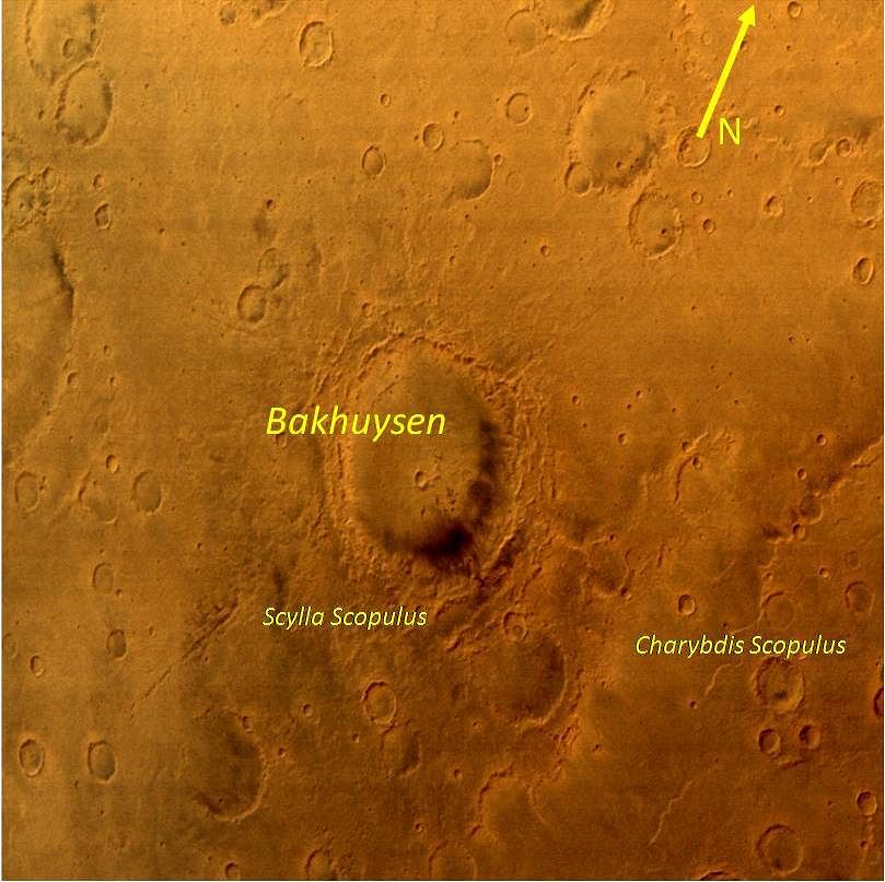 The image of Bakhuysen Crater, which is an impact crater in the Sinus Sabaeus quadrangle of Mars.