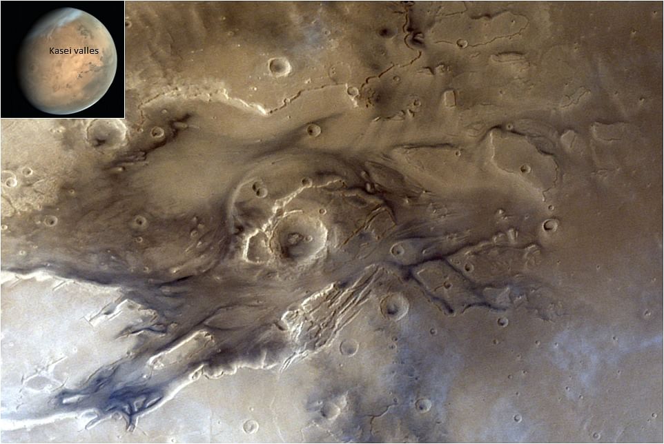 The Kasei Valles, which are a giant system of canyons in Mare Acidalium and Lunae Palus quadrangles on Mars. They are centered at 24.6° north latitude and 65.0° west longitude.