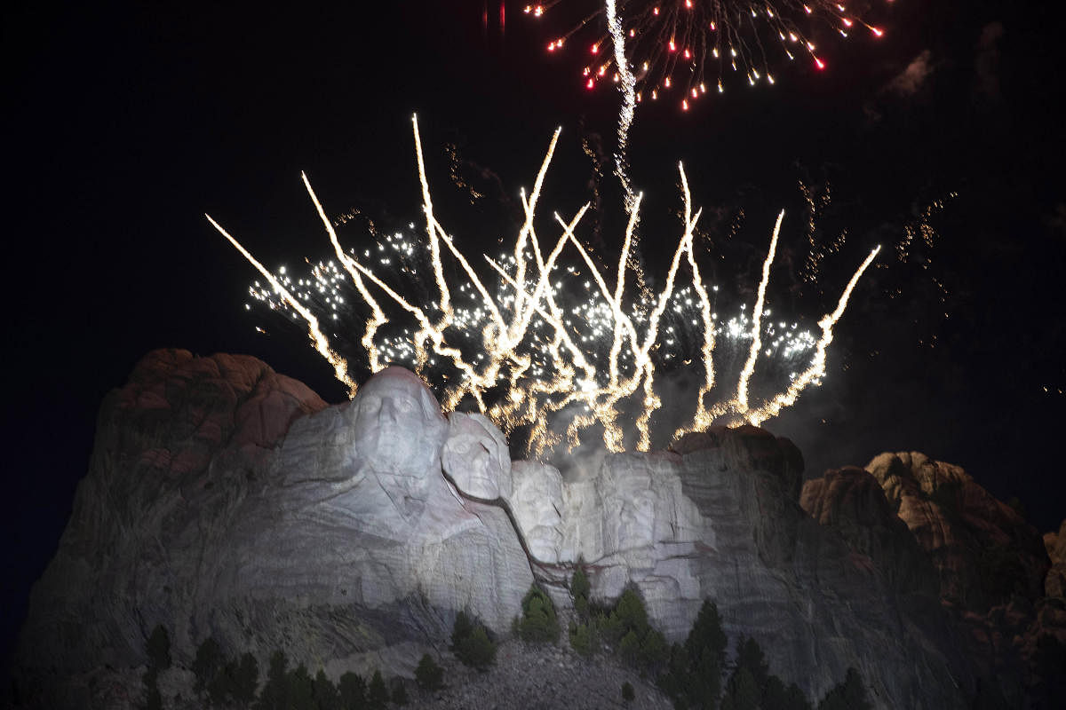 Fireworks light the sky at Mount Rushmore National Memorial, Friday, July 3, 2020, near Keystone, S.D., after President Donald Trump spoke. AP/PTI