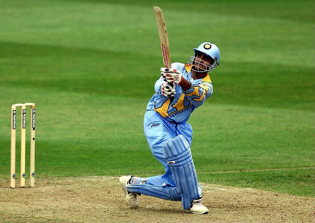 Sourav Ganguly hits out against the bowling of Sri Lanka during the India v Sri Lanka Cricket World Cup match played in Taunton, Somerset. Mandatory Credit: Julian Herbert/ALLSPORT via Getty Images