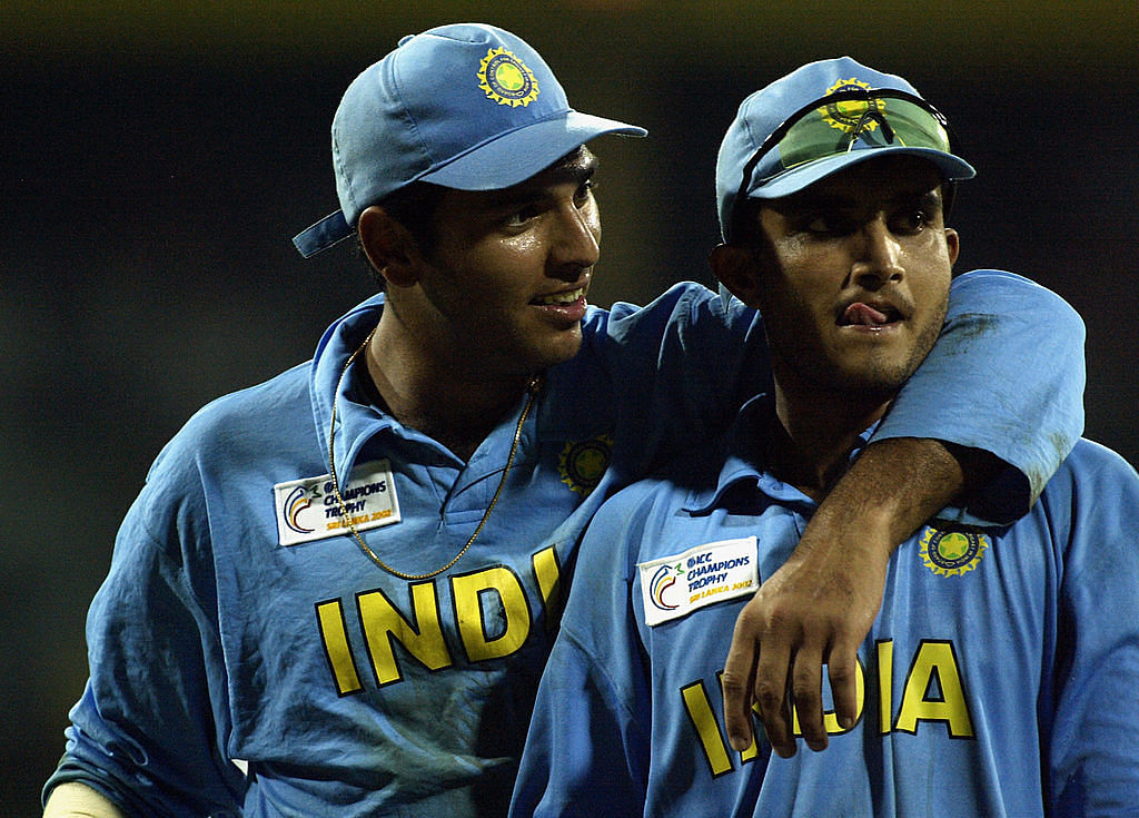 Yuvraj Singh and Sourav Ganguly of India celebrate victory after the ICC Champions Trophy semi-final match between India and South Africa held on September 25, 2002 at the R. Premadasa Stadium, in Colombo, Sri Lanka. Credit: Getty Images