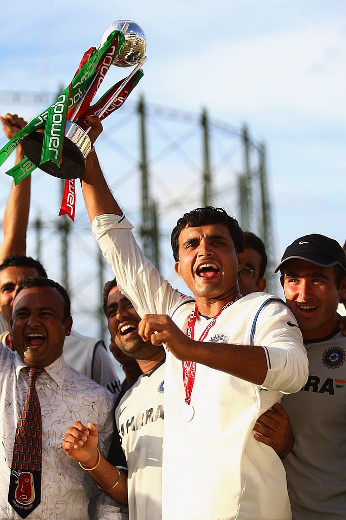 Sourav Ganguly of India celebrates with the power trophy during day five of the Third Test match between England and India at the Oval on August 13, 2007 in London, England. Credit: Getty Images