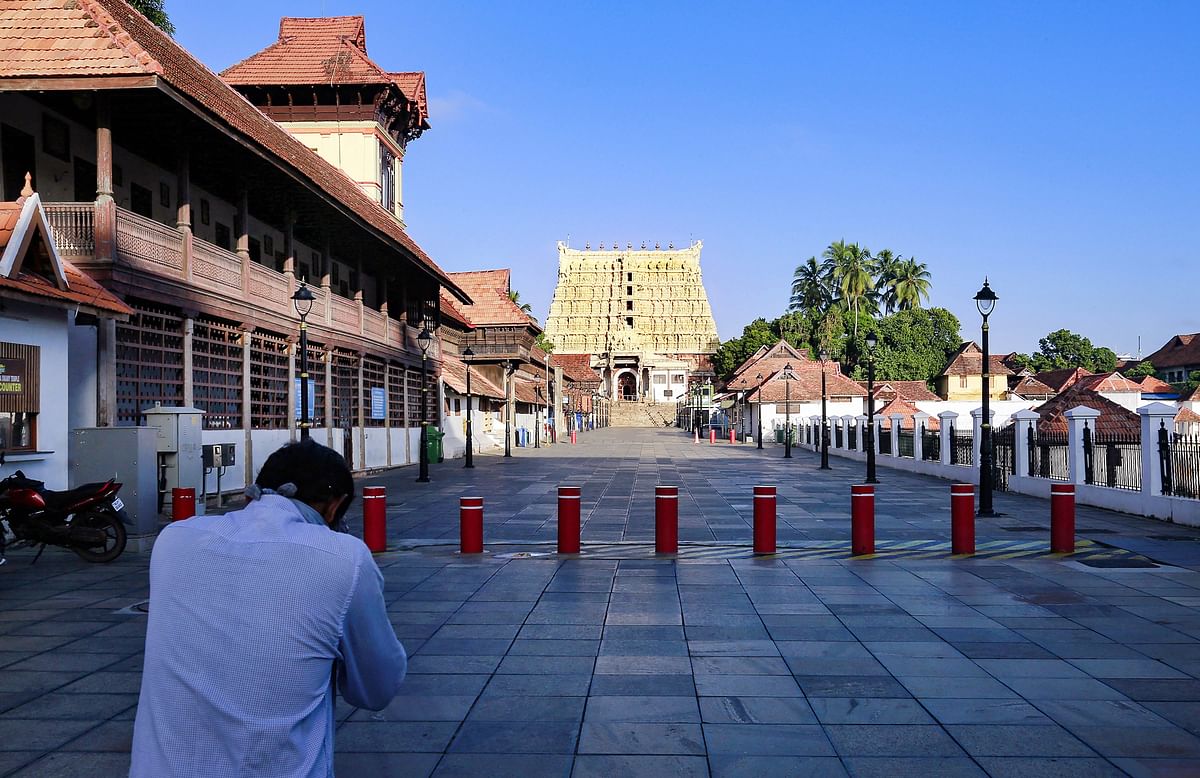 The usually crowded premises of the Sree Padmanabhaswamy Temple wearing a deserted look due to COVID-19 lockdown in Thiruvananthapuram. Credits: PTI Photo