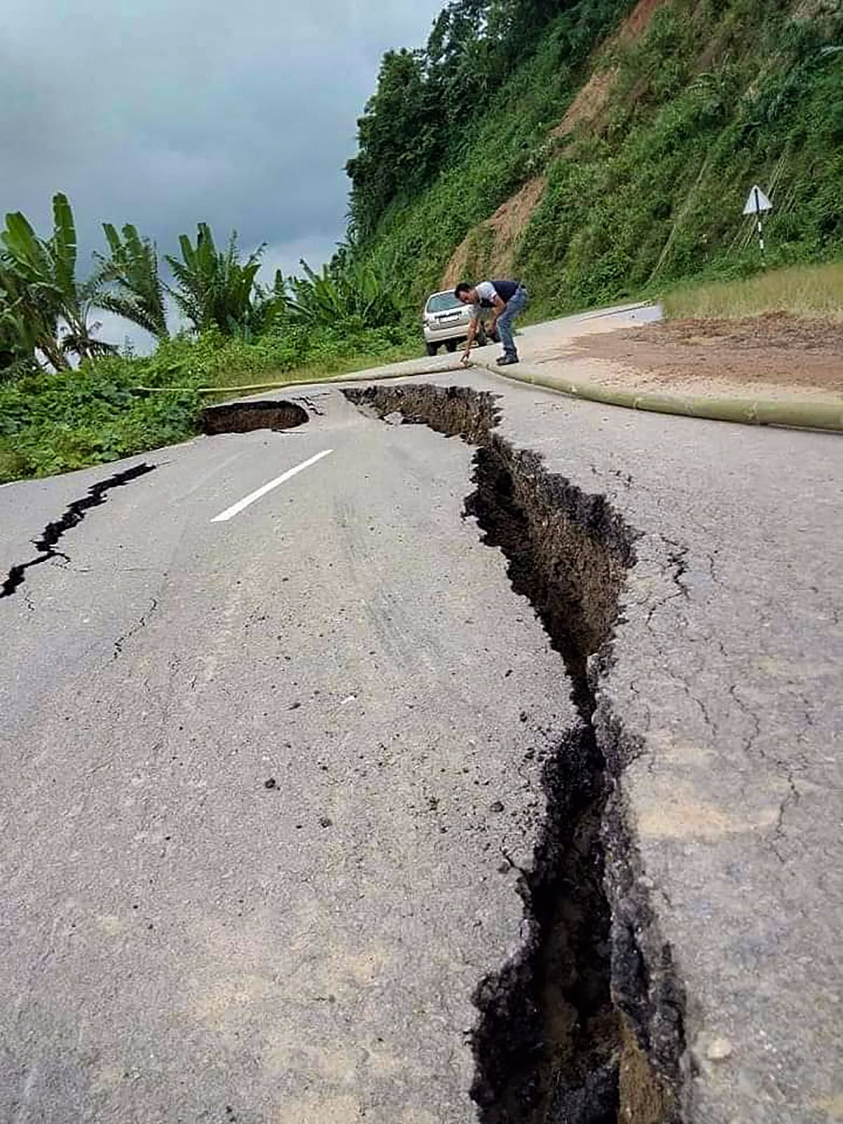 A crack on the Nongstoin Road after heavy rains near Tura in West Garo Hills, Monday, July 13, 2020. Credit: PTI Photo