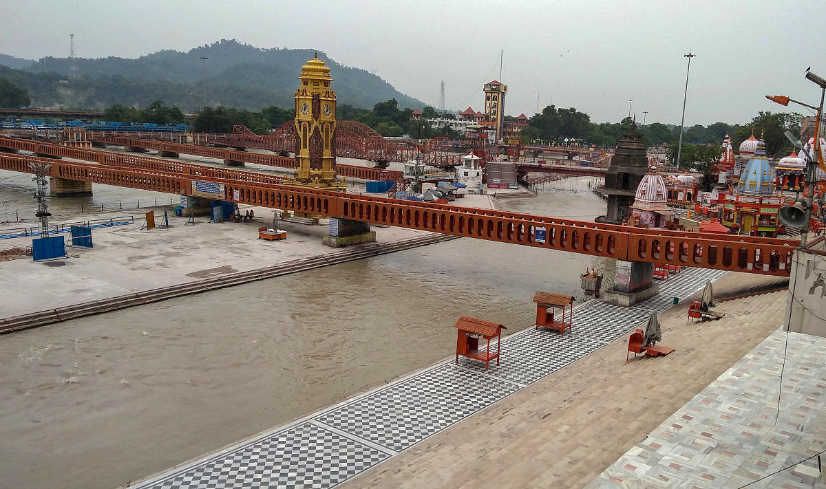 Har Ki Pauri Ghat wears a deserted look during 'Somvati Amavasya' on the third Monday of the Hindu 'Sawan' month, amid the ongoing COVID-19 lockdown, in Haridwar, Monday, July 20, 2020. Credit: PTI Photo