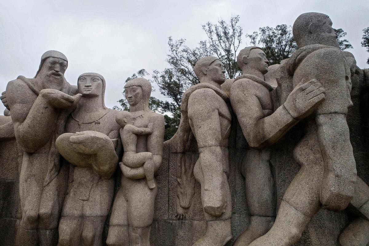Partial view of the Monument to the Bandeiras -representing settling expeditions in which indigenous people were killed and enslaved in the colonial times-, in Sao Paulo, Brazil. Credit: AFP