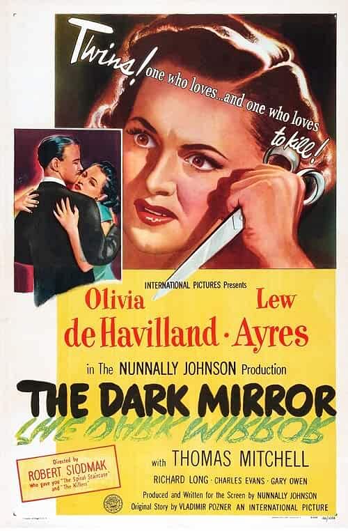 The Dark Mirror (1946) The same year she acted opposite John Lund in a dual role, de Havilland got the opportunity to play one herself, starring as identical twin sisters, Terry and Ruth, who fall under suspicion when their neighbour is murdered. Despite necklaces and pendants to help tell one from the other, investigators puzzle over which sister is normal and which one is psychotic, especially when the two engage in mind games and manipulation. It is a parlour game disguised as a serious psychological thriller. Credit: IMDb