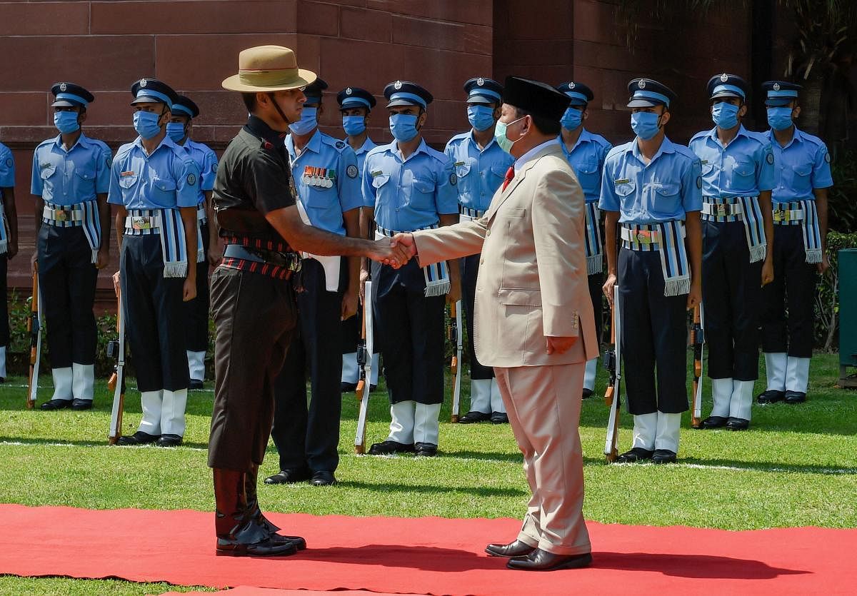 Indonesian Defence Minister Gen Prabowo Subianto during his ceremonial welcome at South Block in New Delhi, Monday, July 27, 2020. Credit: PTI Photo