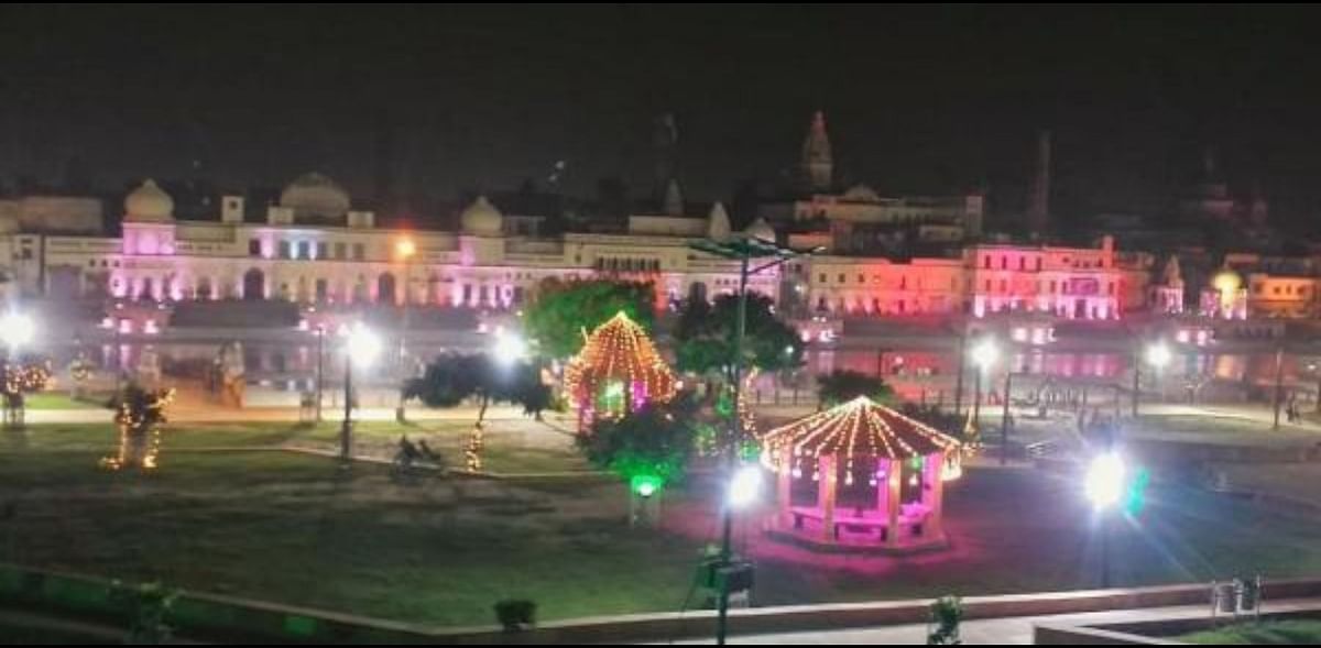Ram Ki Paidi illuminated ahead of the ground-breaking ceremony for the construction of the Ram Temple. Credit: PTI Photo