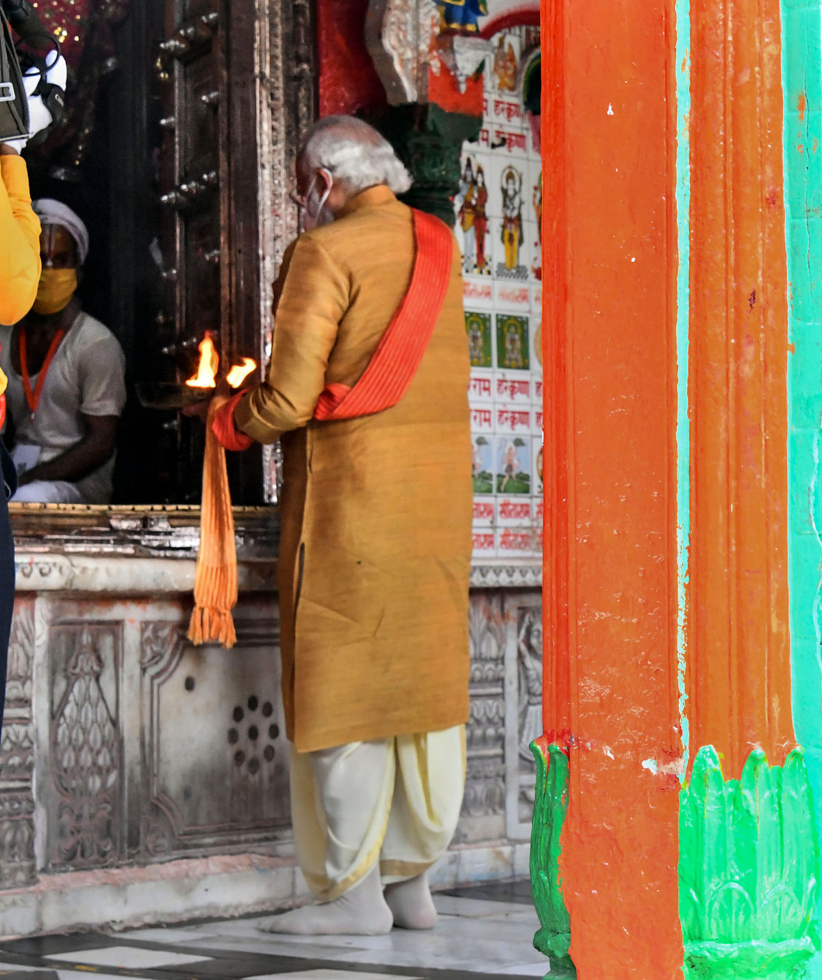 Prime Minister Narendra Modi offers prayers at the Hanumangarhi temple ahead of the foundation-stone laying ceremony of the Ram temple, in Ayodhya. Credit: PTI