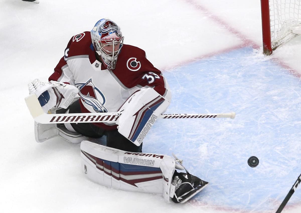 Pavel Francouz #39 of the Colorado Avalanche stops a shot in the first period against the Dallas Stars in a Western Conference Round Robin game during the 2020 NHL Stanley Cup Playoff at Rogers Place. Credit: AFP