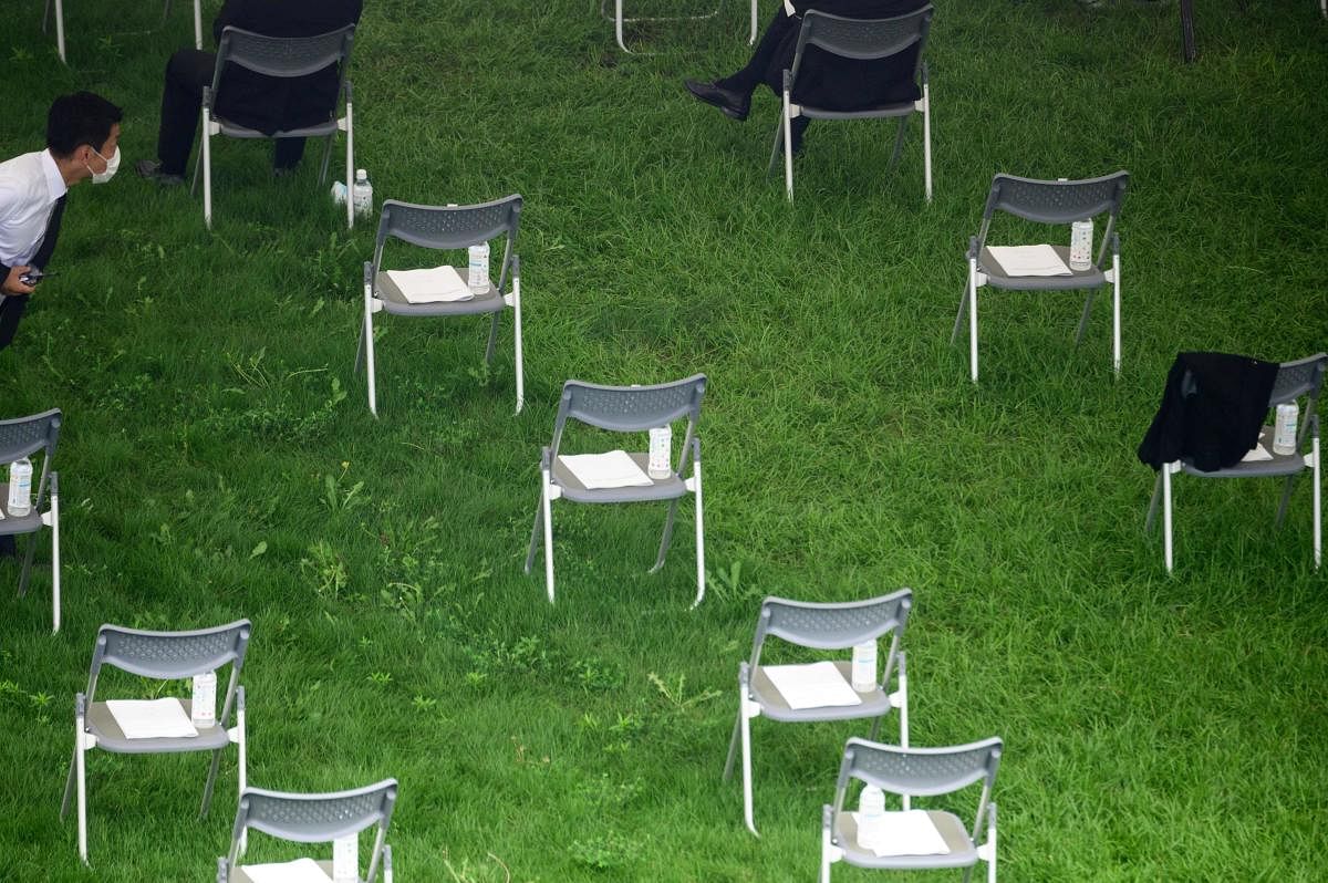 Chairs placed apart to maintain social distancing are seen before the 75th anniversary memorial service for atomic bomb victims at the Peace Memorial Park in Hiroshima. Credit: AFP