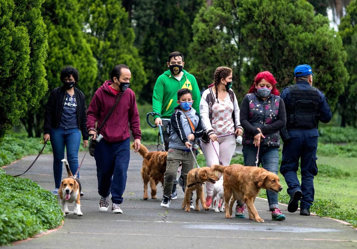 People walk their dogs at the Chapultepec park in Mexico City on August 09, 2020, amid the Covid-19 coronavirus pandemic. AFP