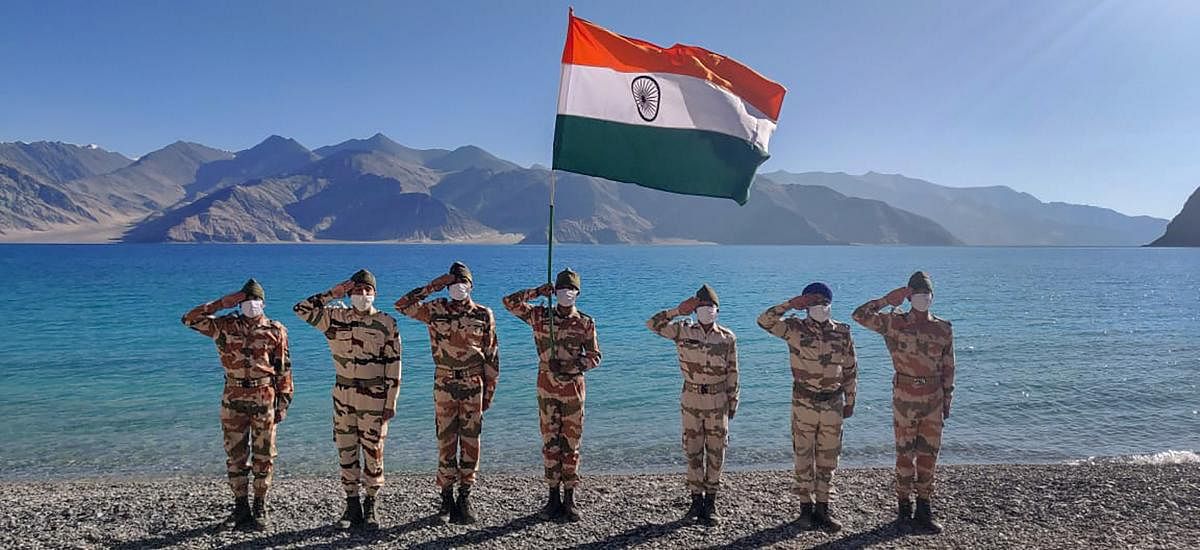 ITBP personnel celebrate the 74th Independence Day on the banks of Pangong Tso, in Ladakh. Credit: PTI