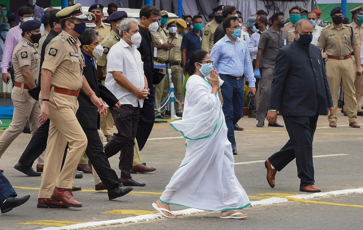 West Bengal Chief Minister Mamata Banerjee leaves after participating in the 74th Independence Day celebrations, at Red Road in Kolkata. Credit: PTI