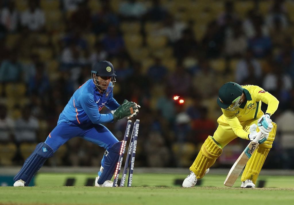 Peter Handscomb of Australia survives a stumping from MS Dhoni of India during game two of the One Day International series between India and Australia at Vidarbha Cricket Association Ground on March 05, 2019 in Nagpur, India. Credit: Getty Images