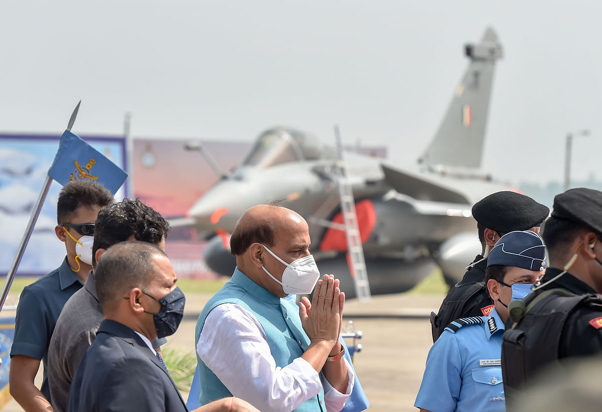 Defence Minister Rajnath Singh during the Rafale induction ceremony. Credit: PTI