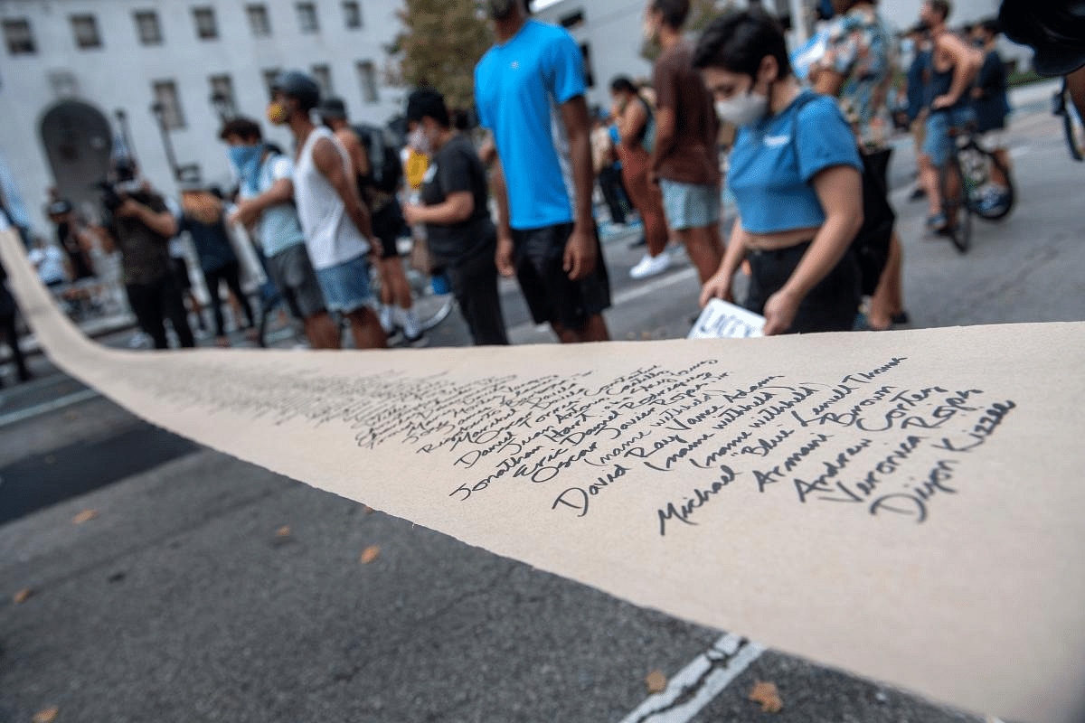 Activists unroll a banner with the names of the victims of the police violence during the weekly Black Lives Matter