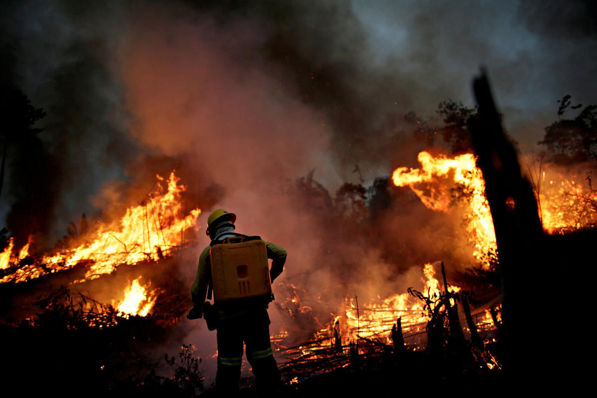 A Brazilian Institute for the Environment and Renewable Natural Resources (IBAMA) fire brigade member attempts to control a fire in a tract of the Amazon jungle in Apui, Brazil. Credit: Reuters Photo