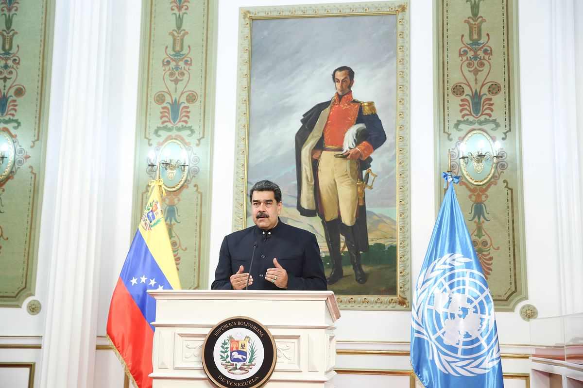 Venezuela's President Nicolas Maduro speaks virtually during the 75th annual UN General Assembly, which is being held mostly virtually due to the pandemic, from Miraflores Palace in Caracas, Venezuela. Credit: Rueters
